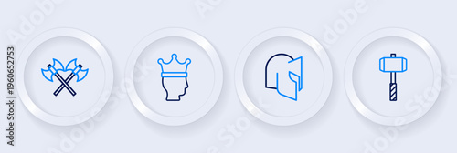 Set line Battle hammer, Medieval helmet, King crown and Crossed medieval axes icon. Vector