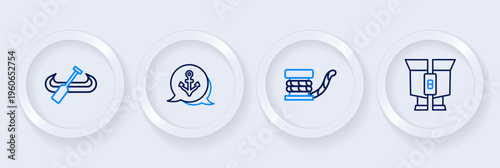 Set line Binoculars, Marine bollard with rope, Anchor and Kayak and paddle icon. Vector