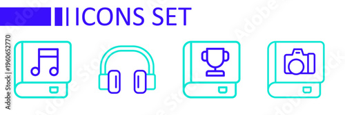 Set line Photo album gallery, Book, Headphones and Audio book icon. Vector