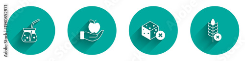 Set Fresh smoothie, Apple, No sugar free and Gluten grain icon with long shadow. Vector