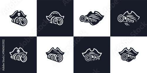 8 Pirate Hat and Spyglass Telescope Nautical Icons