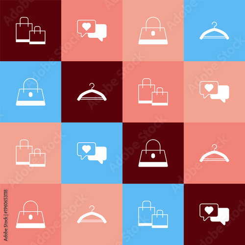 Set pop art Paper shopping bag, Heart speech bubble, Handbag and Hanger wardrobe icon. Vector