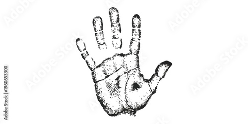 A detailed black and white sketch of a human hand showing palmistry lines against a white background