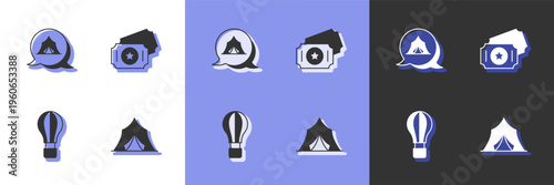 Set Circus tent, Hot air balloon and ticket icon. Vector