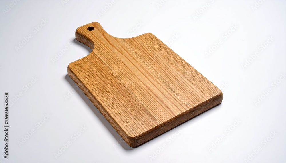 Fototapeta premium A wooden cutting board with a handle, sitting on a white background