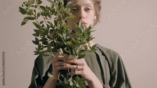 Woman showcases eco-friendly outfit with leafy plant details