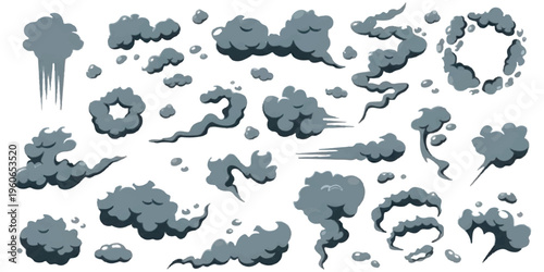 A collection of various cartoon style grey smoke and steam cloud icons on a clean white background
