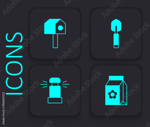Set Pack full of seeds, Bird house, Garden trowel spade or shovel and Automatic irrigation sprinklers icon. Black square button. Vector