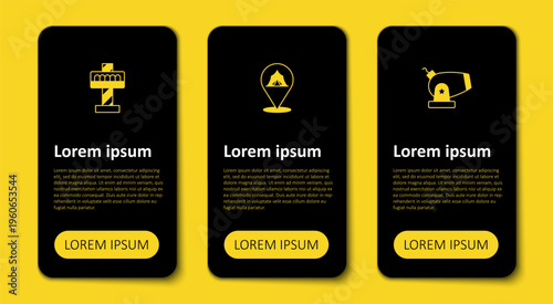 Set Cannon, Circus tent and Attraction carousel. Business infographic template. Vector