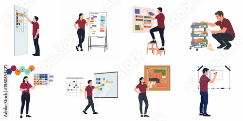 Flat vector illustrations of professionals using various project management tools like Kanban boards, whiteboards, and flowcharts for organized business workflow planning.