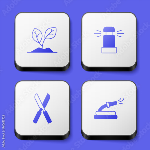 Set Sprout, Automatic irrigation sprinklers, Gardening scissors and hose icon. White square button. Vector