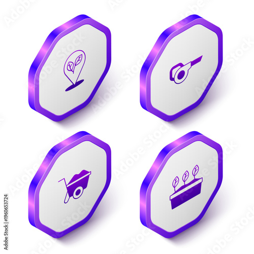 Set Isometric Location with leaf, Leaf garden blower, Wheelbarrow and Plant in pot icon. Purple hexagon button. Vector