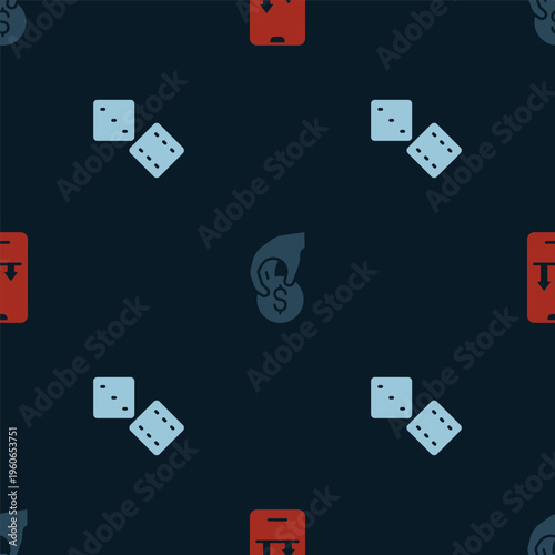 Set Online sports betting, Hand holding casino chips and Game dice on seamless pattern. Vector