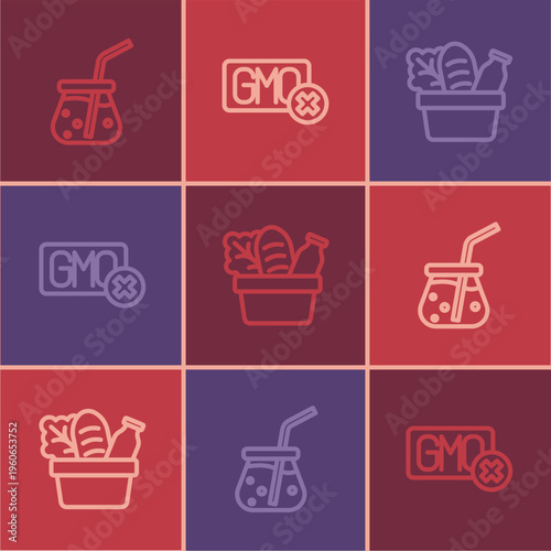 Set line Fresh smoothie, Shopping bag and food and No GMO icon. Vector