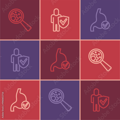 Set line GMO, Human stomach health and Healthy lifestyle icon. Vector