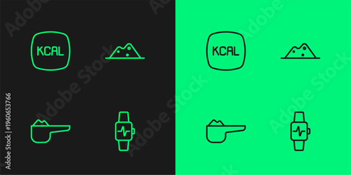 Set line Smart watch with heart, Sports nutrition proteine, Kcal and Salt icon. Vector