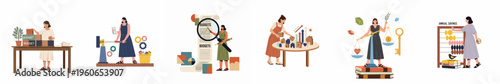 Set of flat vector illustrations depicting women managing personal finance, budgets, savings, investments, and achieving life balance and economic goals.