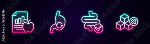 Set line Diet plan, Human stomach health, Intestines and No sugar free. Glowing neon icon. Vector