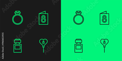 Set line Balloons with 8 March, Perfume, Diamond engagement ring and Greeting card icon. Vector