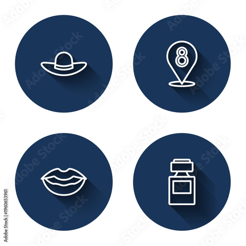 Set line Elegant women hat, 8 March, Smiling lips and Perfume with long shadow. Blue circle button. Vector