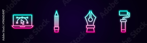 Set line Computer with design program, Pencil eraser, Fountain pen nib and Paint roller brush. Glowing neon icon. Vector