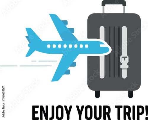 An illustration depicting a blue airplane flying out of a suitcase, symbolizing travel and vacation with the text 'Enjoy Your Trip' below