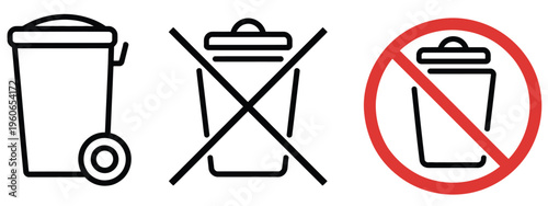 Waste bin icon no trash symbol, empty garbage container concept, clean environment and no litter sign, refuse bin prohibition indicator, zero waste and cleanliness warning icon, vector