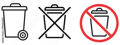 Waste bin icon no trash symbol, empty bin cleanliness concept icons, no litter and waste free warning sign, garbage container prohibition indicator set, eco friendly zero waste message, vector isolate