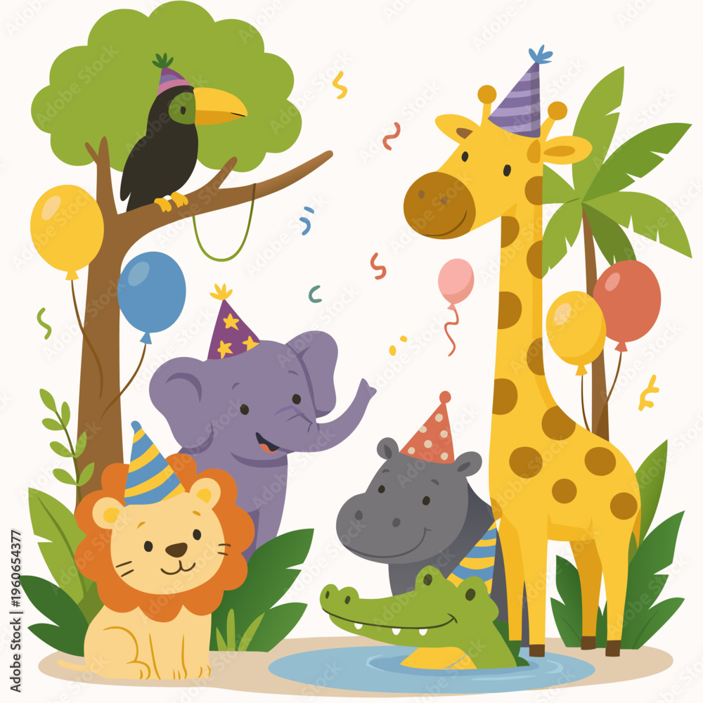 Naklejka premium Cute jungle animals celebrating a birthday party with hats and balloons, vector illustration
