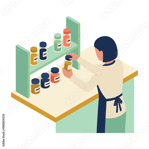 A woman stocks colorful bottles on a shelf in a store.