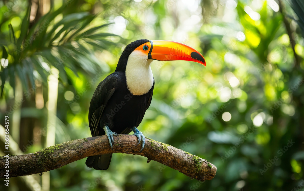 Naklejka premium A vibrant toucan with a large orange beak perches on a mossy branch, surrounded by lush green foliage of a tropical rainforest