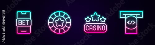 Set line Online sports betting, Casino chips, signboard and Automated teller machine and money. Glowing neon icon. Vector