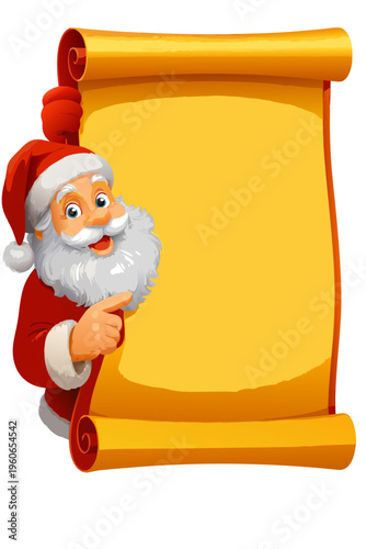 Santa Claus pointing at blank scroll for Christmas message or wish list, flat design vector illustration