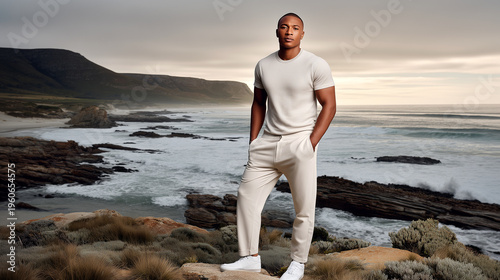 Confident young black man in beige neutral outfit standing on rocky coastal cliff, dramatic ocean waves mountains background, horizon opportunity freedom lifestyle concept.