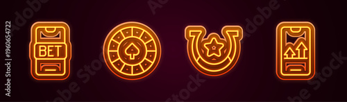 Set line Online sports betting, Casino chips, Horseshoe and . Glowing neon icon. Vector