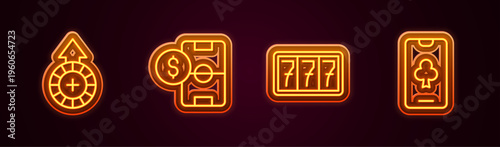 Set line Casino chips, Football betting money, Slot machine with jackpot and Online poker table game. Glowing neon icon. Vector
