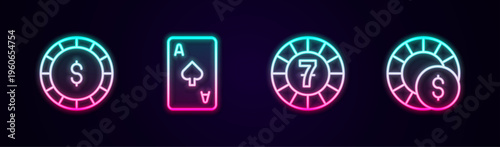 Set line Casino chip with dollar, Playing card spades symbol, chips and . Glowing neon icon. Vector