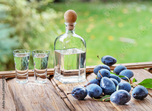 Slivovice, traditional Balkan plum brandy and national drink of Serbia and several Eastern European countries, still life with fresh plums.
