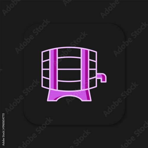 Filled outline Wooden barrel on rack with stopcock icon isolated on black background. Flat filled outline style with shadow. Vector