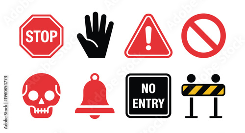 Prohibition warning icons illustration, black and white set with stop signs, raised hands, warning triangles, skulls, bells, and no entry symbols.