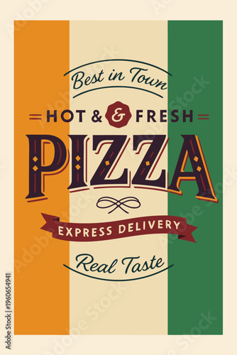A colorful vector graphic illustration of a pizza advertisement with a retro design