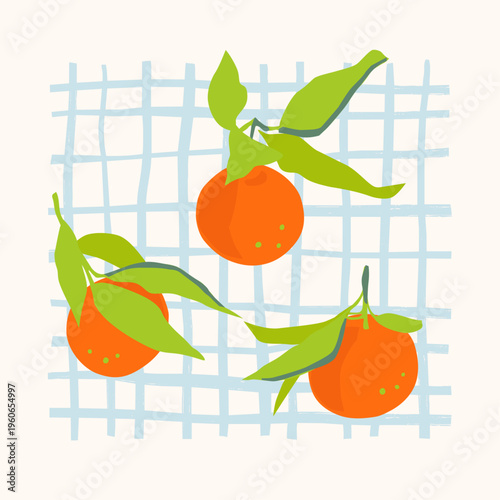 Fresh mandarins with green leaves on a branch citrus fruit illustration with grid pattern background