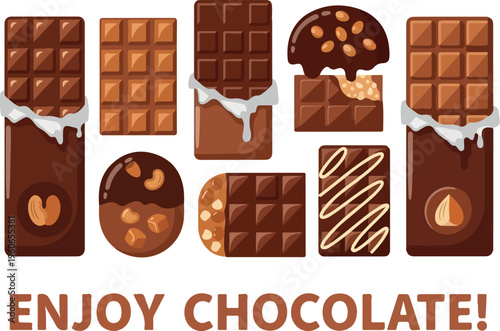 Collection of delicious chocolate bars and candies with various toppings and toppings, inviting you to enjoy a sweet treat