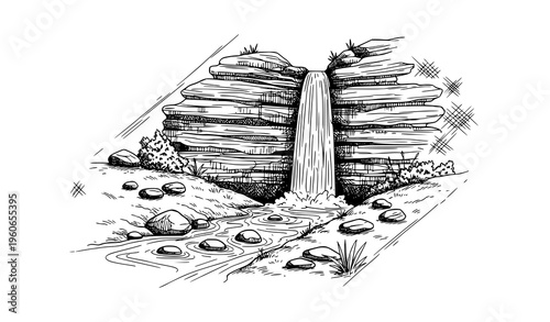 Mountain source waterfall sketch black white landscape vector hand drawn nature stream and rocks illustration