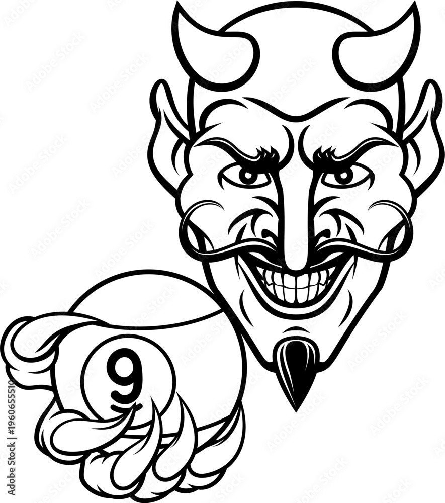 Fototapeta premium Devil nine ball pool billiards sports mascot holding a 9 ball cartoon illustration