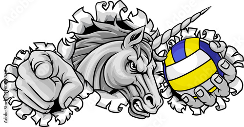 Unicorn horse stallion angry volleyball sports team mascot holding a ball.