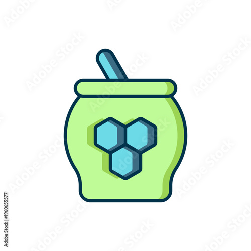 Filled outline Jar of honey and honey dipper stick icon isolated on white background. Food bank. Sweet natural food symbol. Honey ladle. Flat filled outline style with shadow. Vector