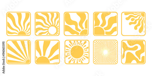A collection of ten yellow square icons featuring various retro sun and abstract ray patterns