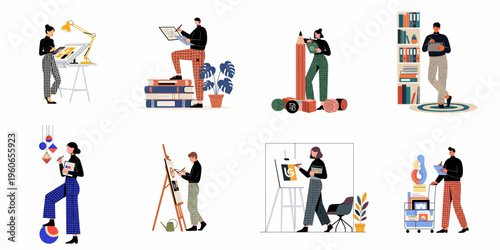 Collection of creative professionals and artists using digital tablets for design, sketching, and artistic work in a modern flat illustration style.