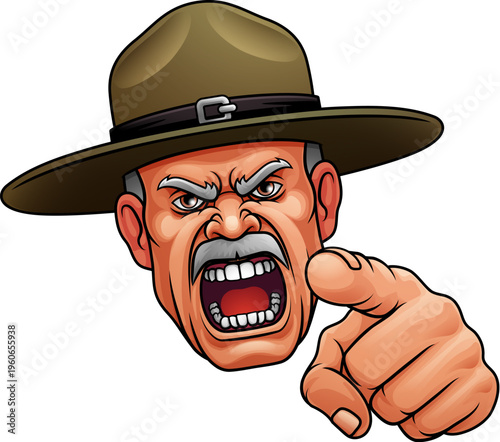 An angry drill instructor or sergeant bootcamp army soldier cartoon character